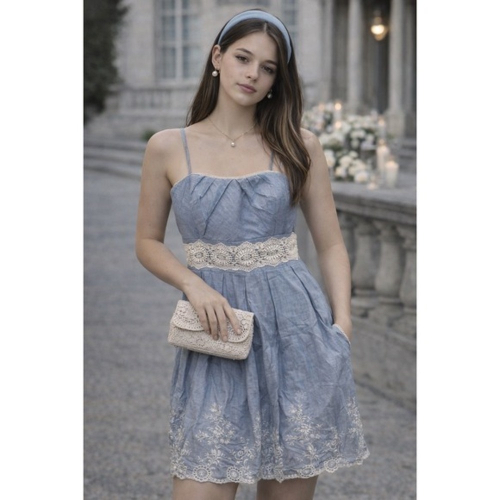 Speechless Blue Pinstripe Dress Size 9 Eyelet Lace Tie Back Fit & Flare